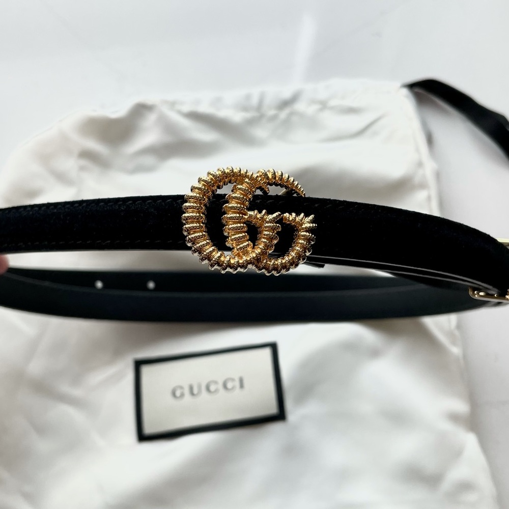 -New Gucci Torchon Double G Buckle Suede belt. Includes store bag,box & belt bag